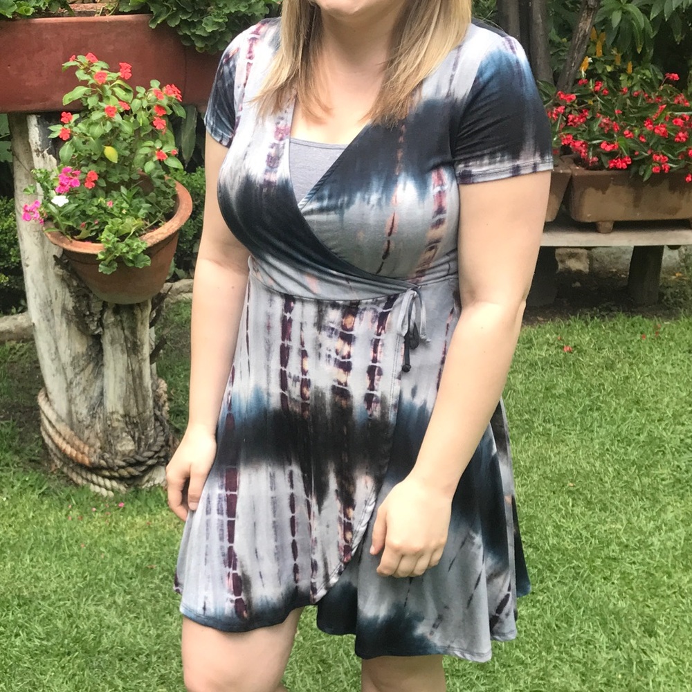 Blue/Purple tie dye faux wrap dress, size L